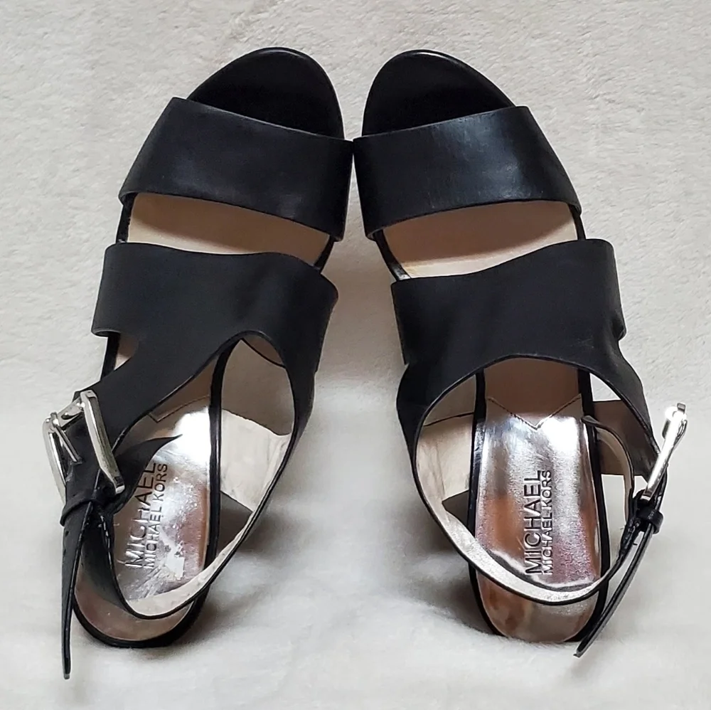 MICHAEL Kors Carla Black Leather Faux Wood Platform Wedge Strappy Sandal 9.5